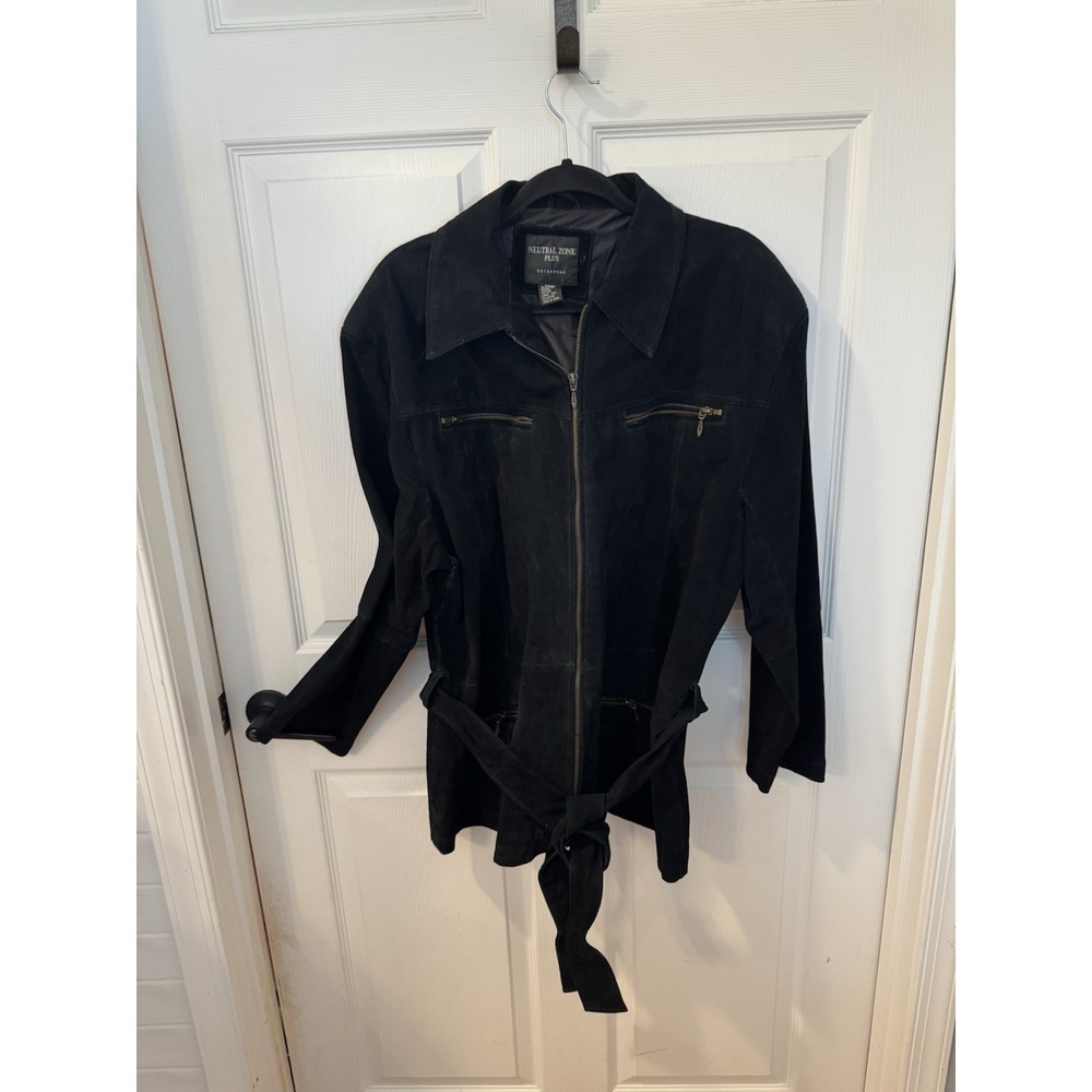 Vintage Neutral Zone Plus Sz 22  Leather Suede Jacket Womens Black‎ Tie Waist